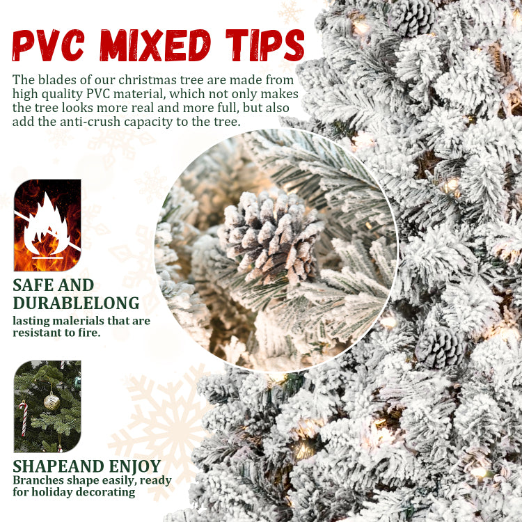 4Ft Flocked Christmas Tree With 150 Ul Lights And 21 Natural Pine Cones Snowy Pvc Tips, 366 Tips, Hinged Structure, Stable Metal Stand, Easy Setup