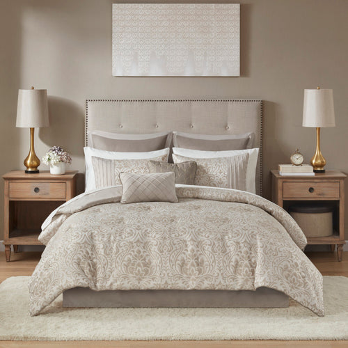12 Piece Jacquard Comforter Set With Bed Sheets Khaki Queen