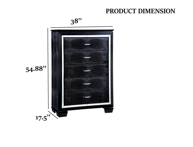 1Pc Chest Crocodile Texture Contemporary Style Diamond Crusted Handle English Dovetail Five Drawers 3Mm Mirror Black Finish