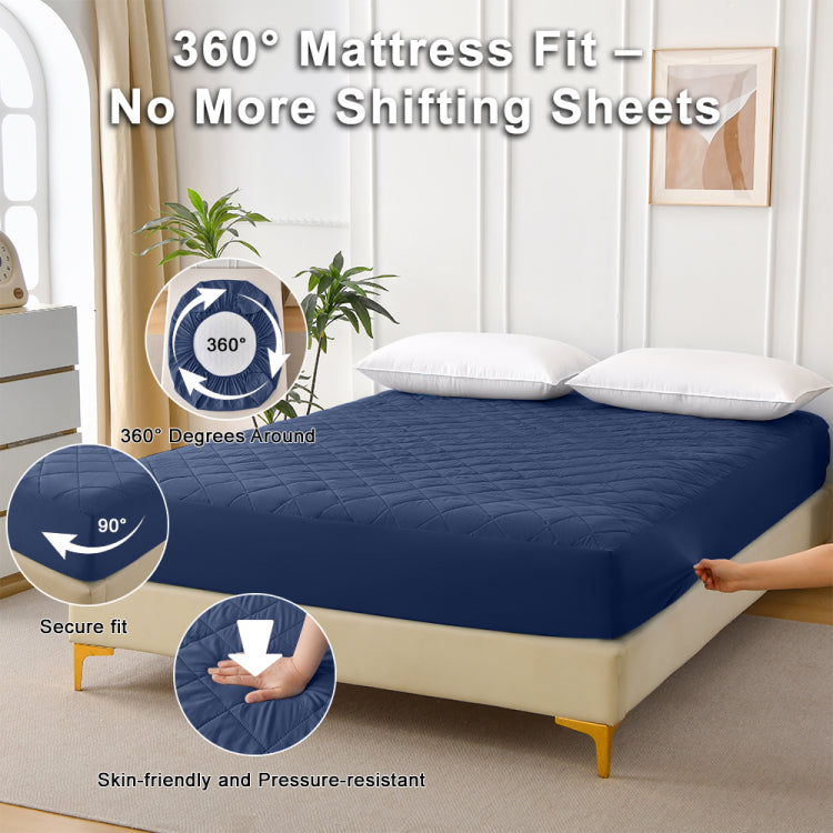 Diamond Patterned Ultrasonic Waterproof Quilted Fitted Sheet, Navy Blue, King Size