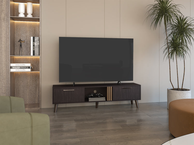 Vance 63" Wide Tv Stand With Two Pull Down Cabinets, Two Shelves, Cable Management , Living Room, Tv Room Black Wengue Light Oak