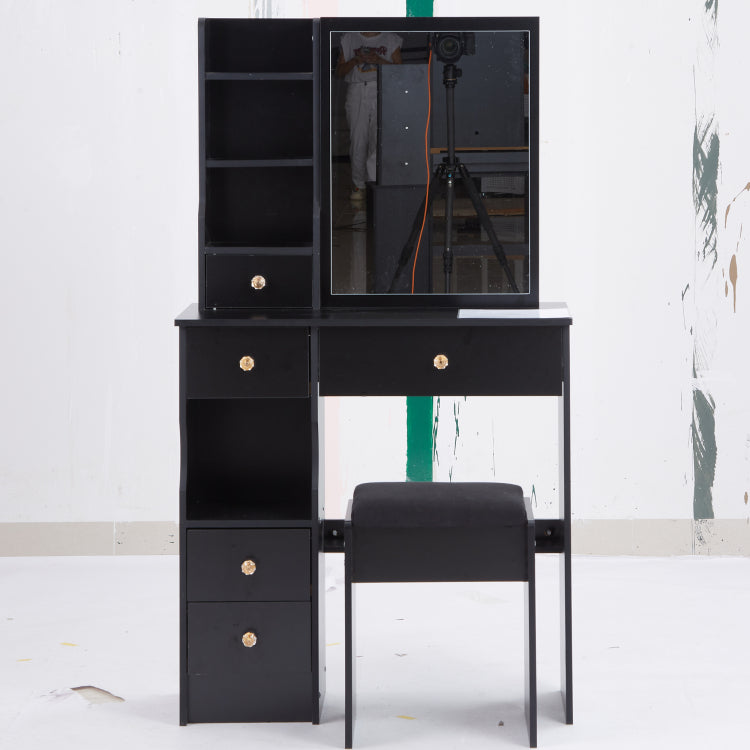 29.2" Small Space Left Drawer Desktop Vanity Table Cushioned Stool, Extra Large Right Sliding Mirror, Multi Layer High Capacity Storage, Practical Fashionable Dresser, Suitable For Small Space