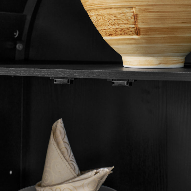 A High Arched Storage Cabinet With A Lamp, A Modern Retro Style Wooden Storage Cabinet With Adjustable Glass Partitions, Suitable For Use As A Multi Functional Cabinet In Kitchens Black