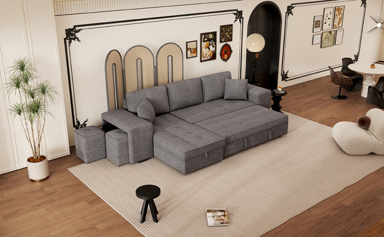 104.5" Modern L Shape 3 Seat Reversible Sectional Couch, Pull Out Sleeper Sofa With Storage Chaise And 2 Stools For Living Room Furniture Set,Knox Charcoal Old Sku:Sg000431Aaa