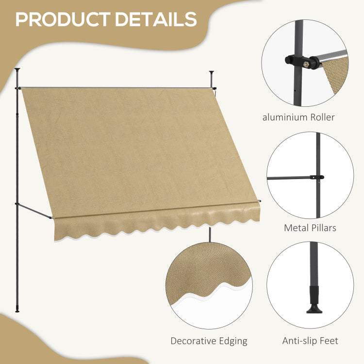 Outsunny Manual Retractable Awning, 118" Non Screw Freestanding Patio Sun Shade Shelter With Support Pole Stand And Uv Resistant Fabric, For Window, Door, Porch, Deck, Beige