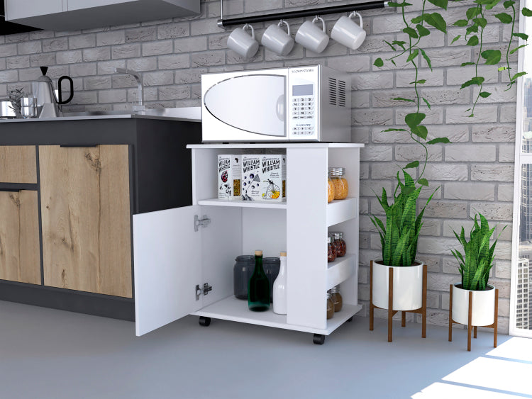 Lower Microwave Pantry 29" H, Single Door Cabinet, One Open Shelf, Three Side Shelves, White