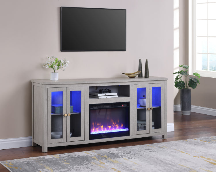 Ellington 70"W Light Gray Finish Fireplace Tv Stand Console With Heater, Led Light, Cabinets, Shelves