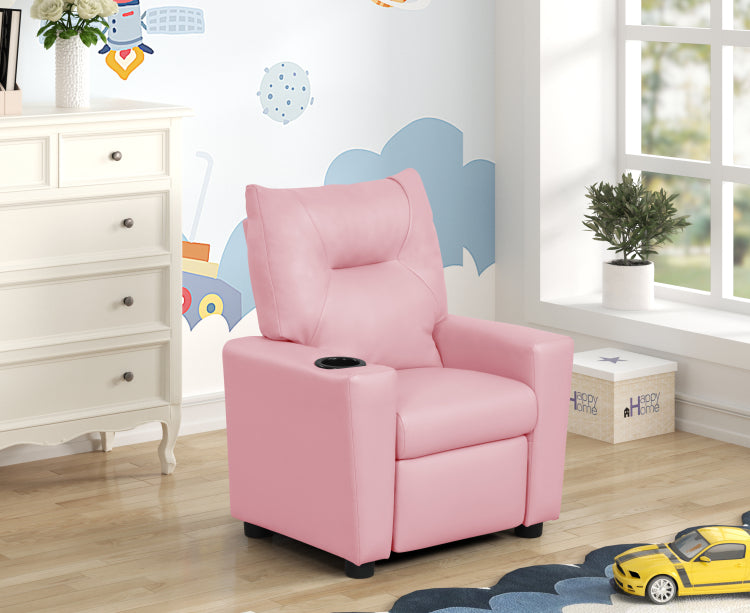 Perline 23"W Pink Pu Leather Kids Recliner Chair With Cupholder
