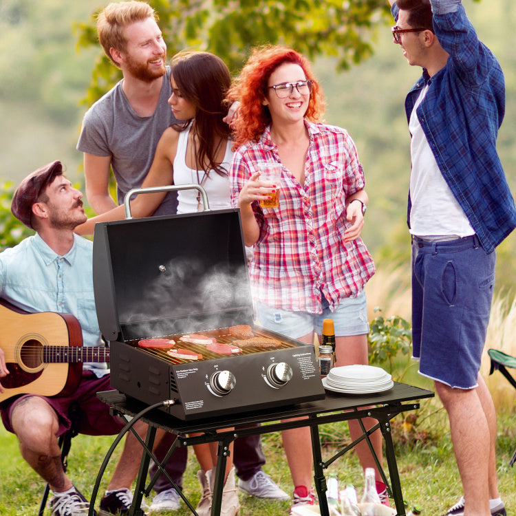 Outsunny 2 Burner Propane Gas Grill Outdoor Portable Tabletop Bbq With Foldable Legs, Lid, Thermometer For Camping, Picnic, Backyard, Black