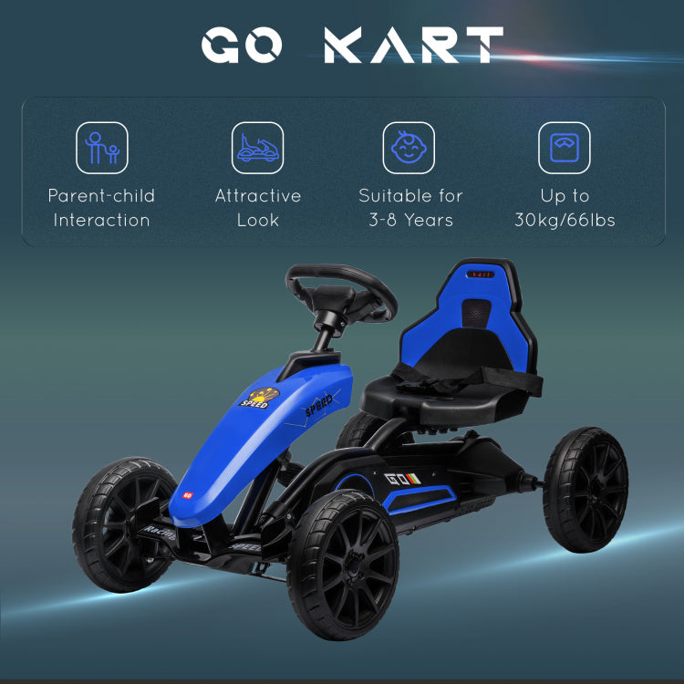 Aosom Kids Pedal Go Kart, Outdoor Ride On Toys With Swing Axle, Adjustable Seat, Handbrake, 4 Shock Absorbing Wheels, Gift For Boys And Girls Aged 3 8 Years Old, Blue