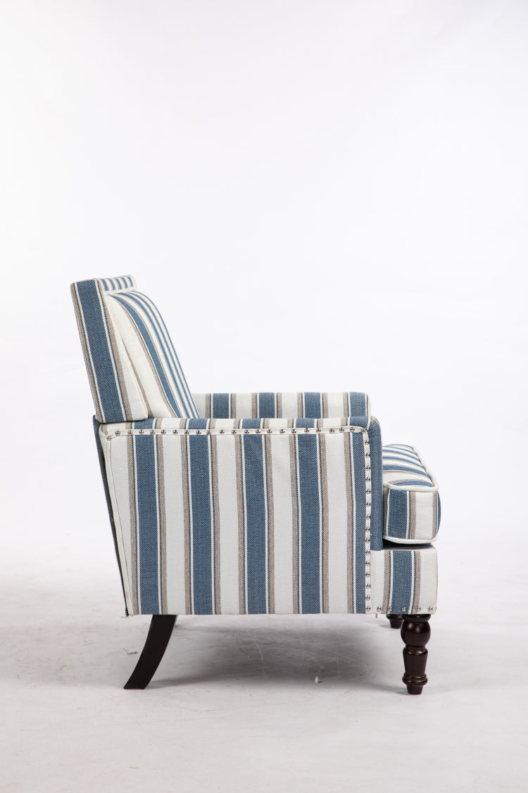 Upholstered Accent Chair, Vintage Armchair With Blue And White Striped Linen Fabric And Nailhead Trim For Living Room