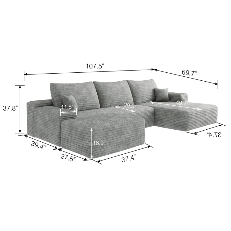107" Cloud Sectional Sofa With 1 Ottoman,Modern Minimalist Upholstered Couches, Comfort U Shaped Sofa For Living Room,Deep Seat Corner Couch,No Assembly Required,Grey Plush Corduroy Fabric