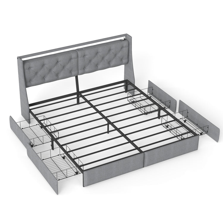 King Metal Platform Bed Frame Grey, Storage Headboard With Rgb Led & Charging Station