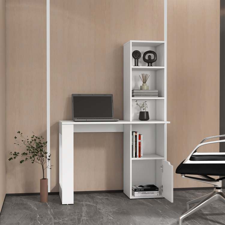 White Computer Desk With 4 Tier Bookcase And 1 Door Cabinet