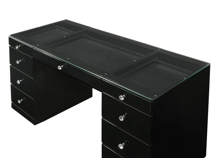 1Pc Glam Makeup Vanity Table Glass Top 9 Drawers Knobs Black Wooden Bedroom Furniture