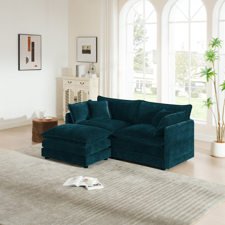 Chenille Two Seater Sofa With 1 Footrest, 2 Seater L Shaped Sectional With Ottoman,Loveseat With Ottoman For Small Living Space,Blue Chenille