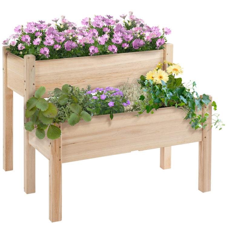 Outsunny 34"X34"X28" Raised Garden Bed, 2 Tier Elevated Wood Planter Box For Backyard, Patio To Grow Vegetables, Herbs, And Flowers, Natural