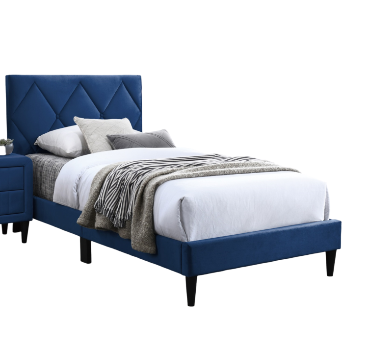 Twin Size Bed W Adjustable Headboard 1Pc Bedframe, Navy Blue Velvet Upholstered Youth Bedroom Furniture