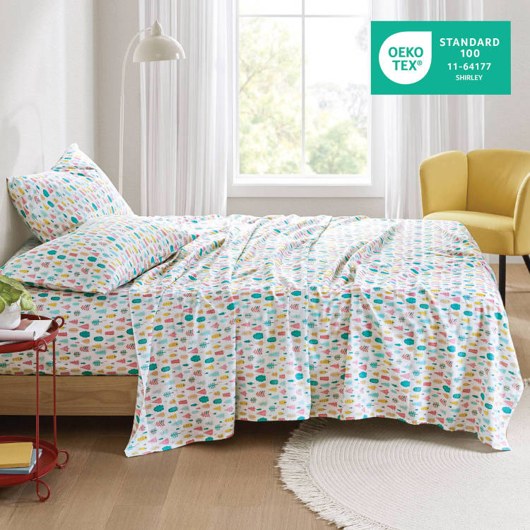 3 Pcs Twin Xl Cotton Printed Sheet Set White Holiday Trees