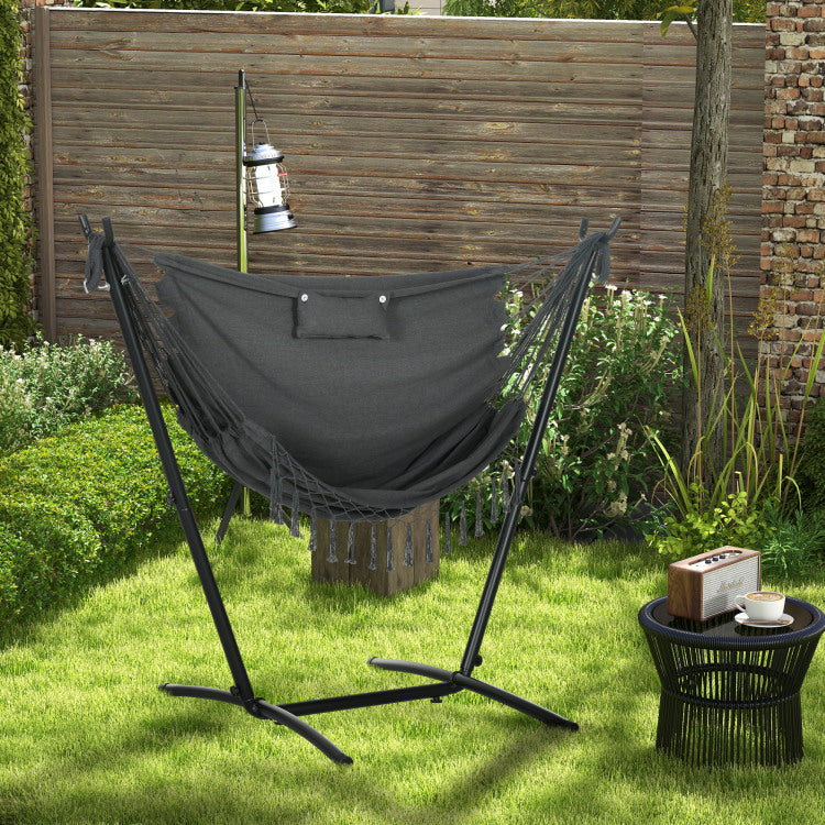 Outsunny Patio Hammock Chair With Stand, Outdoor Hammock Swing Hanging Lounge Chair With Side Pocket And Headrest, Dark Gray