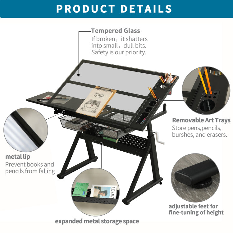 Hand Crank Adjustable Tempered Glass Drafting Drawing And Printing Table With Chair And Storage Space For Living Room, Study, Bedroom