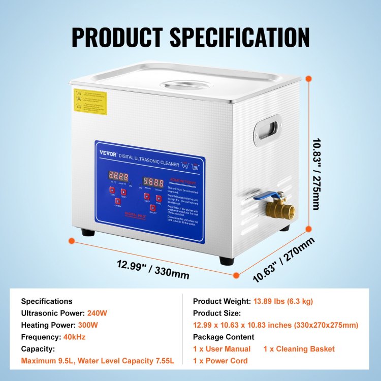 Professional Ultrasonic Cleaner, 10L Ultrasonic Jewelry Cleaner With Digital Timer & Heater, Stainless Steel Industrial Sonic Cleaner 40Khz For Glasses, Watches, Rings, Small Parts