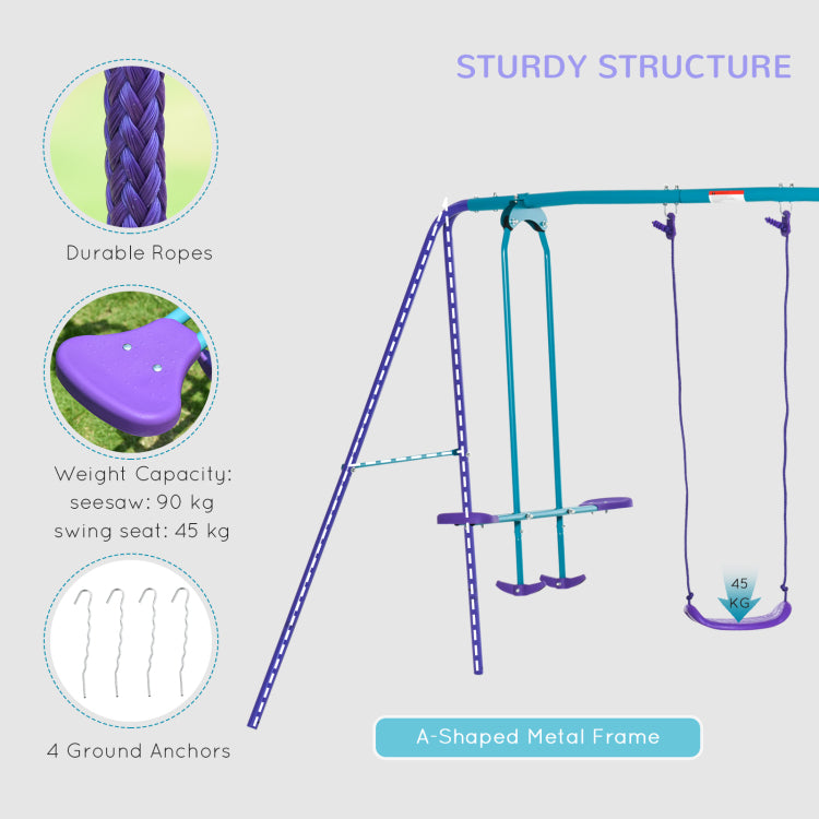 Outsunny Metal Swing Set With Glider, Two Swing Seats And Adjustable Height, Outdoor Heavy Duty A Frame Suitable For Playground, Backyard, Purple