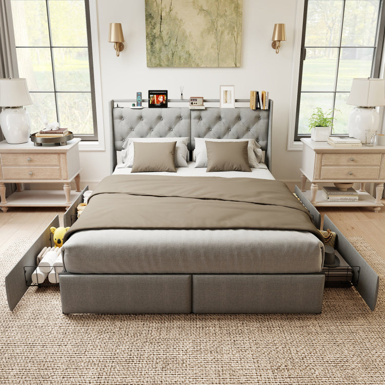 King Metal Platform Bed Frame Grey, Storage Headboard With Rgb Led & Charging Station