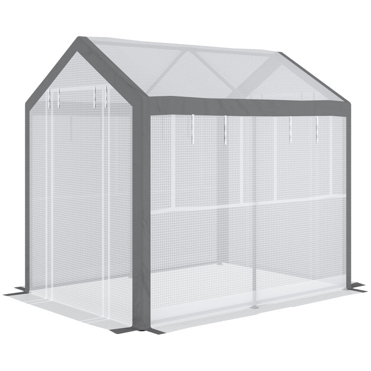Outsunny 8' X 6' X 7.5' Walk In Greenhouse, Outdoor Gardening Canopy With 6 Roll Up Windows, 2 Zippered Doors & Weather Cover, White