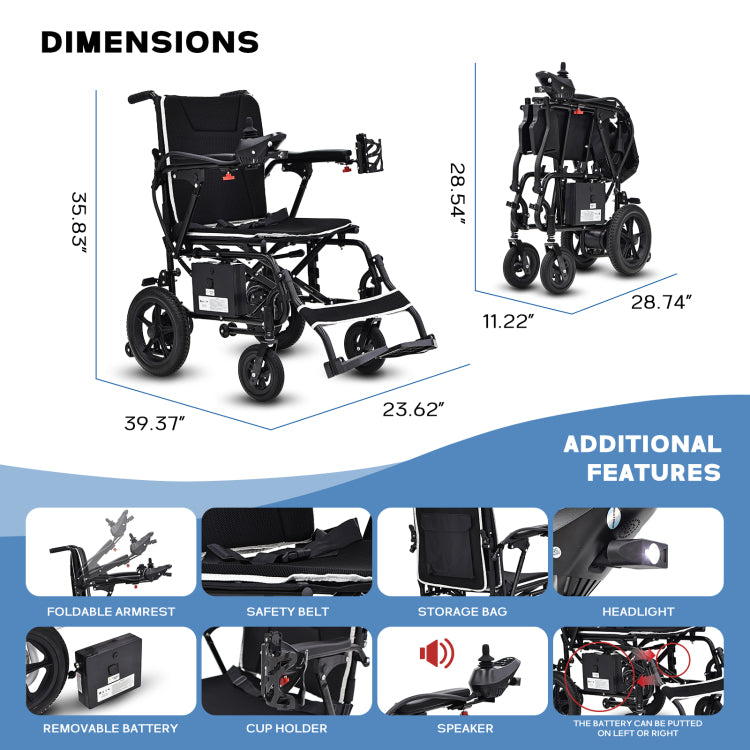 Lightweight Electric Wheelchair For Adults & Seniors Ultralight 36Lbs Foldable Power Wheelchairs, 264Lbs Loading Capacity, 12 Mile Long Travel Range, All Terrain, With Led Light & Cup Holder