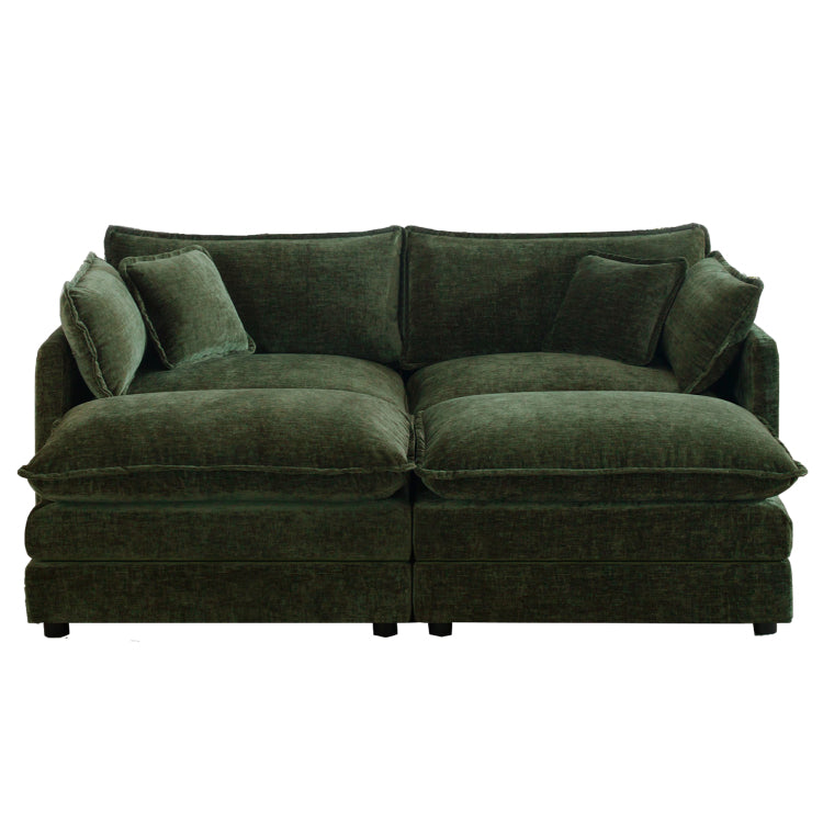 4 Piece Upholstered Sectional Sofa, 1 Piece Of 2 Seater Sofa And 2 Piece Of Ottomans , 2 Seater Loveseat Lounge With Ottomans , Green Chenille