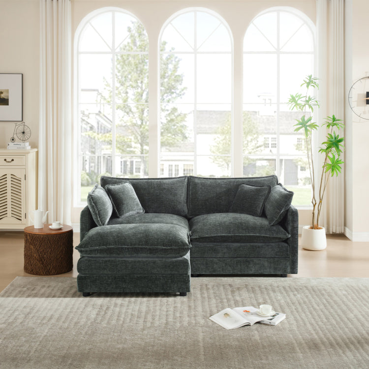 Chenille Two Seater Sofa With 1 Footrest, 2 Seater L Shaped Sectional With Ottoman,Loveseat With Ottoman For Small Living Space, Gray Chenille