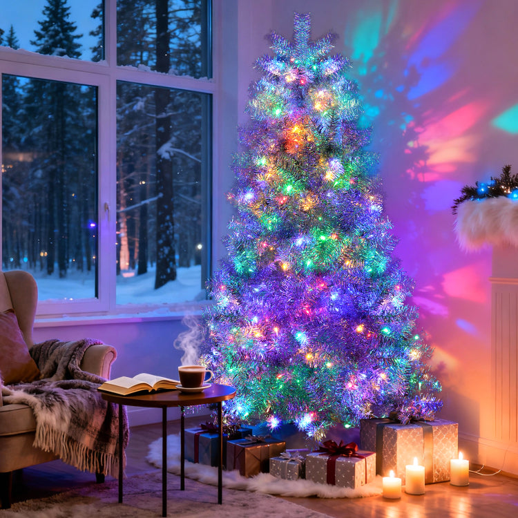 6Ft Sliver Pre Lit Artificial Christmas Tree, Hinged Full Tree With Metal Stand, 800 Branch Tips, 300 Led Lights,11 Lighting Modes, Holiday Decoration Tree For Indoor And Outdoor