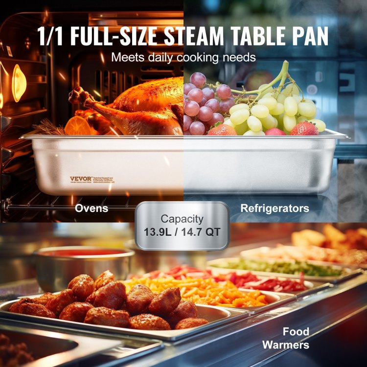 6 Pack Hotel Pans, Full Size Anti Jam Steam Pan, 0.8Mm Thick Stainless Steel Restaurant Steam Table Pan, 4 Inch Deep Commercial Table Pan, Catering Storage Food Pan, For Industrial & Scientific