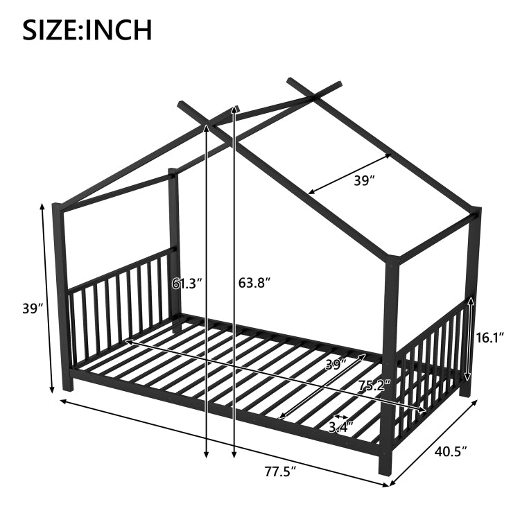 Twin Size Metal House Platform Bed, Black