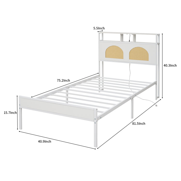 Twin Bed Frame With Headboard, Platform Bed With Led & Charging Station, The Rattan Framed Headboard Exudes A Classical Charm, No Box Spring Needed, Noise Free, Easy Assembly, White
