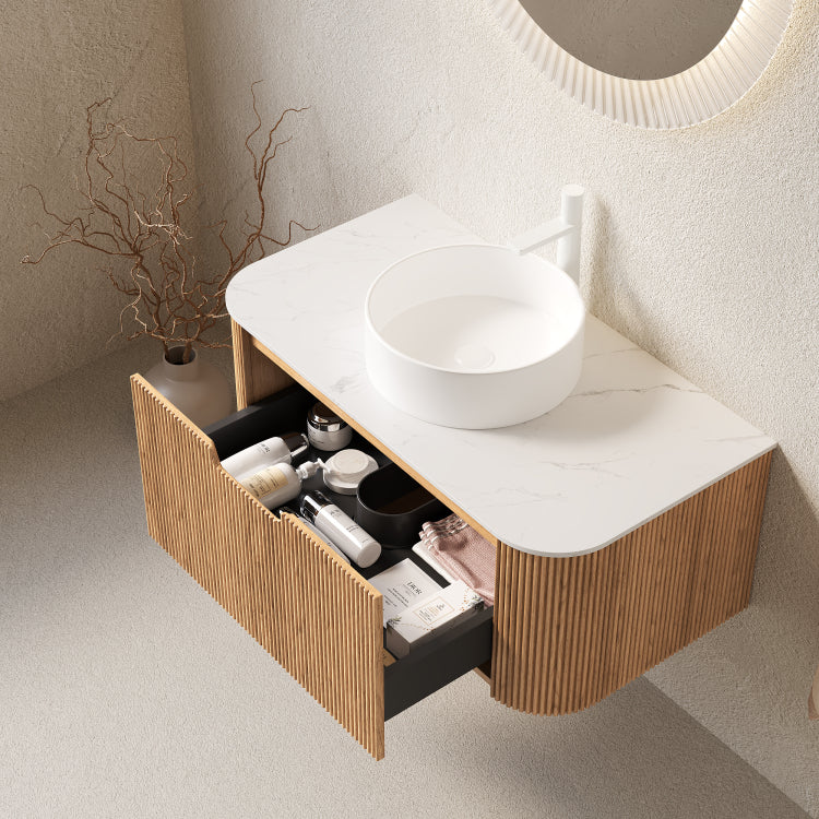 Dina 36" Bathroom Vanity&Sink, Floating Curved Edges Striped Bathroom Storage Cabinet With Drawer, White Round Ceramic Basin&Carrara White Artificial Marble Top, Pre Assembled, Natural Woodgrain