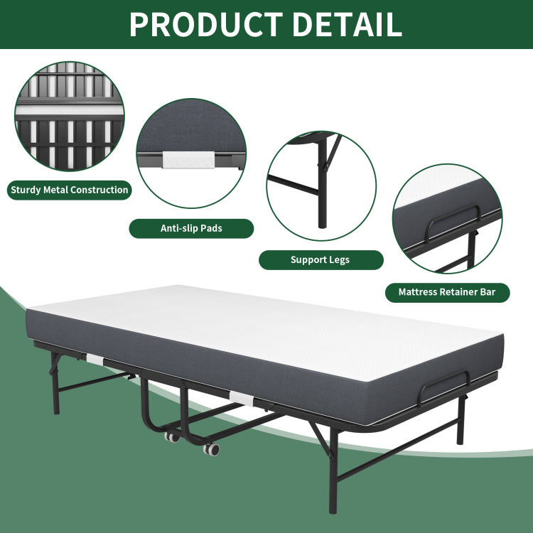 75" X 38" Inch Extra Long Folding Bed For Tall People, Heavy Duty 450Lbs Capacity Rollaway Guest Bed With 5" Memory Foam Mattress, Portable Space Saving Twin Size Bed