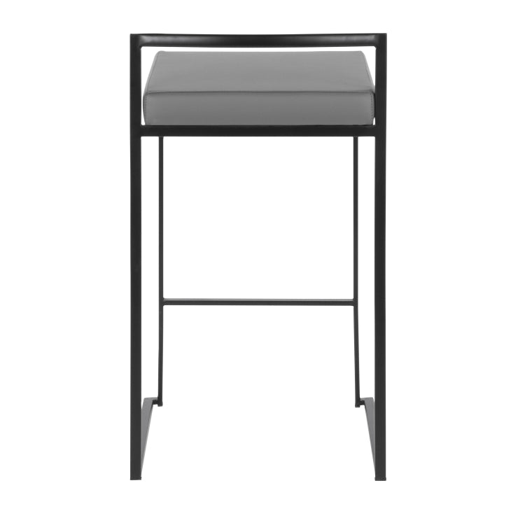 Contemporary Stackable Counter Stool In Black With Grey Faux Leather Cushion Set Of 2