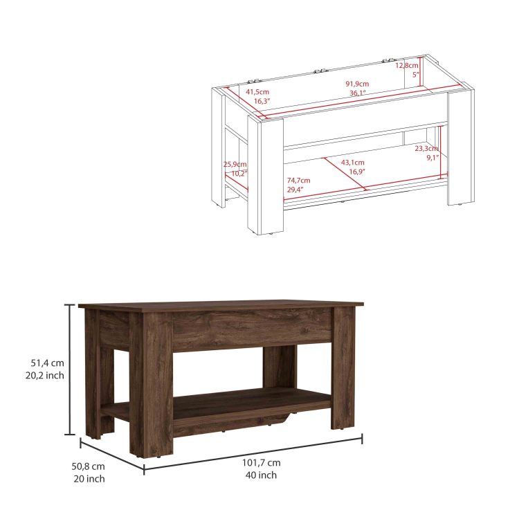 Austin Storage Table, One Extendable Table Shelf, Four Legs, Lower Shelf Dark Brown