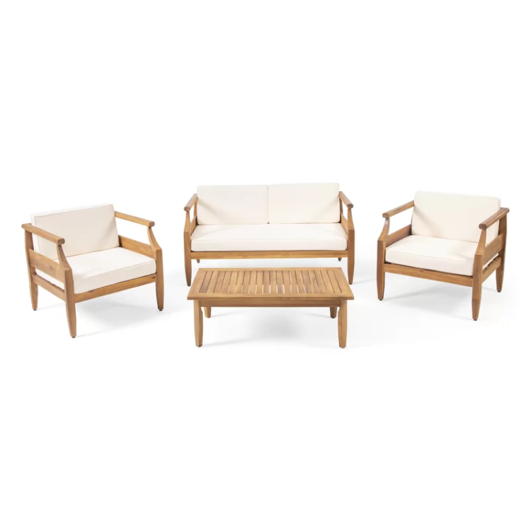 Aston Outdoor Mid Century Modern Cushioned Acacia 4 Seat Chat Set Loveseat & Coffee Table & Club Chair Teak Finish Cream Cushion