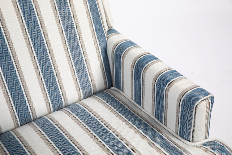 Upholstered Accent Chair, Vintage Armchair With Blue And White Striped Linen Fabric And Nailhead Trim For Living Room