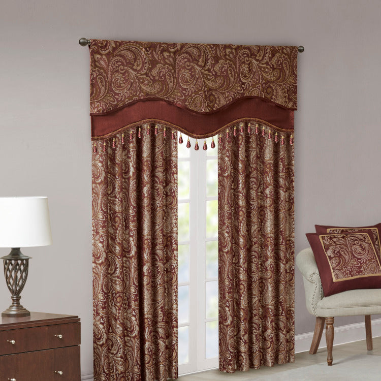 Jacquard Window Rod Pocket Valance With Beads Burgundy 50X18"