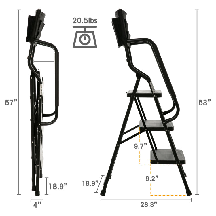 3 Step Ladder With Handrails 500 Lb Capacity Step Stool Folding Ladders For Home Kitchen Steel Frame With Safety Side Handrails Non Slip Wide Pedal Stepladder With Attachable Tool Bag Black