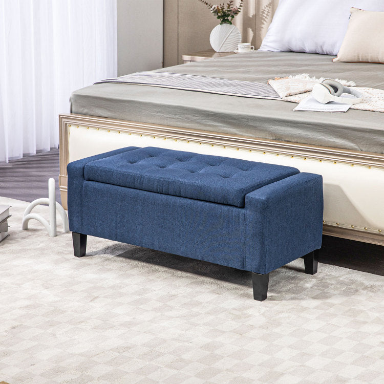 Homcom Storage Ottoman, Linen Upholstered Storage Bench With Lift Top And Button Tufted For Living Room, Dark Blue