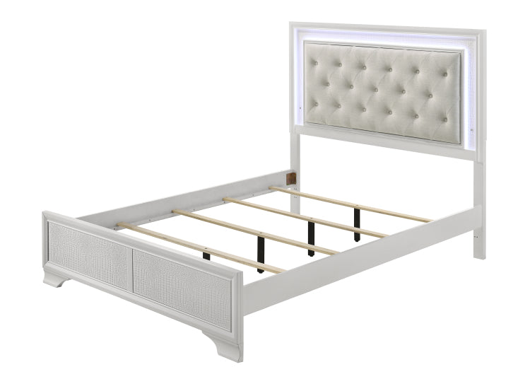 1Pc Modern White Textured Finish Tufted Headboard Upholstered Integrated Led Lighting Full Size Panel Bed Button Tufted Wooden Bedroom Furniture