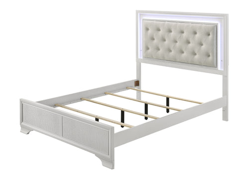 1Pc Modern White Textured Finish Tufted Headboard Upholstered Integrated Led Lighting Full Size Panel Bed Button Tufted Wooden Bedroom Furniture