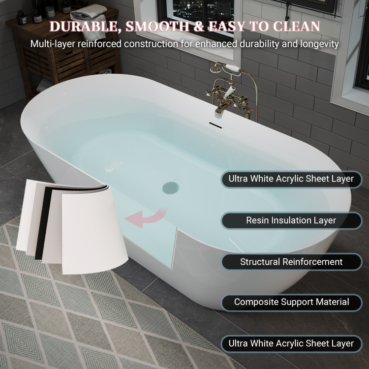63" Acrylic Freestanding Bathtub, Oval Deep Soaking Bathtub With Center Pop Up Drain & Integrated Overflow, Contemporary Stand Alone Bath Tub For Bathroom Spa Or Home Upgrade, Glossy White Th 26A09