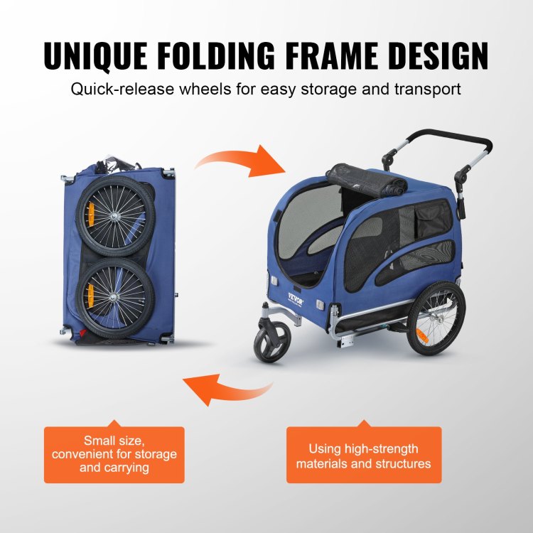 Dog Bike Trailer, Supports Up To 100 Lbs, 2 In 1 Pet Stroller Cart Bicycle Carrier, Easy Folding Cart Frame With Quick Release Wheels, Universal Bicycle Coupler, Reflectors, Flag, Blue Black