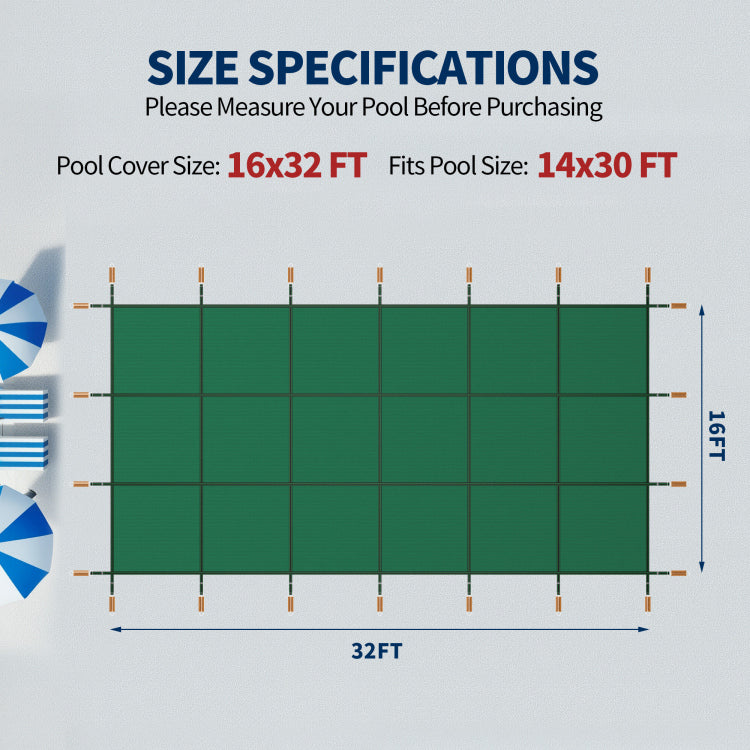 Swimming Pool Safety Cover, Fits 16X32Ft Rectangular Underground And Inground Swimming Pools, Triple Stitched High Strength Mesh Pp Abrasion Resistant Installation Hardware Included,Green Mesh